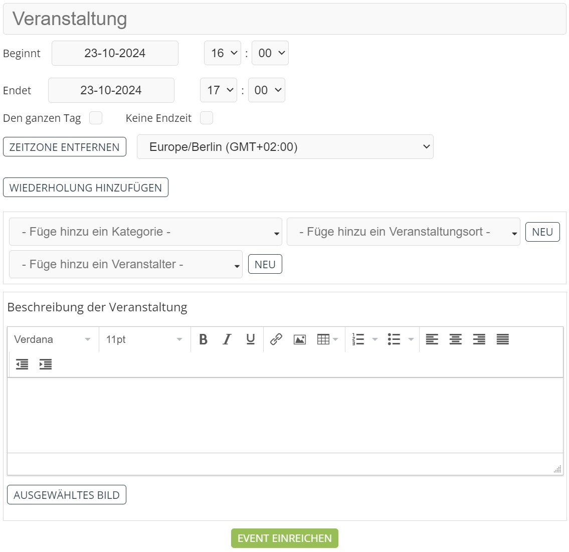 Eintragsformular: Veranstaltungstitel, Datum, Ort, Beschreibung und Bild hinzufügen